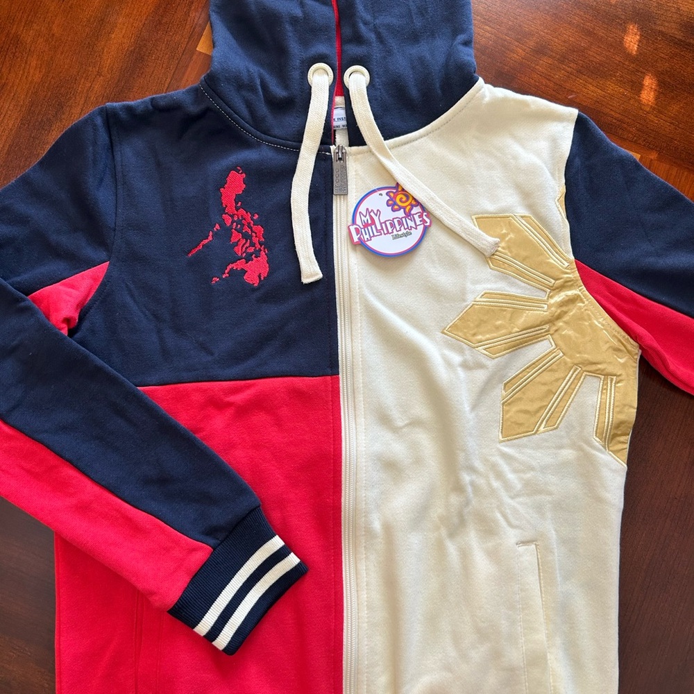 Red and Blue Hooded Sweatshirt with Graphic Design